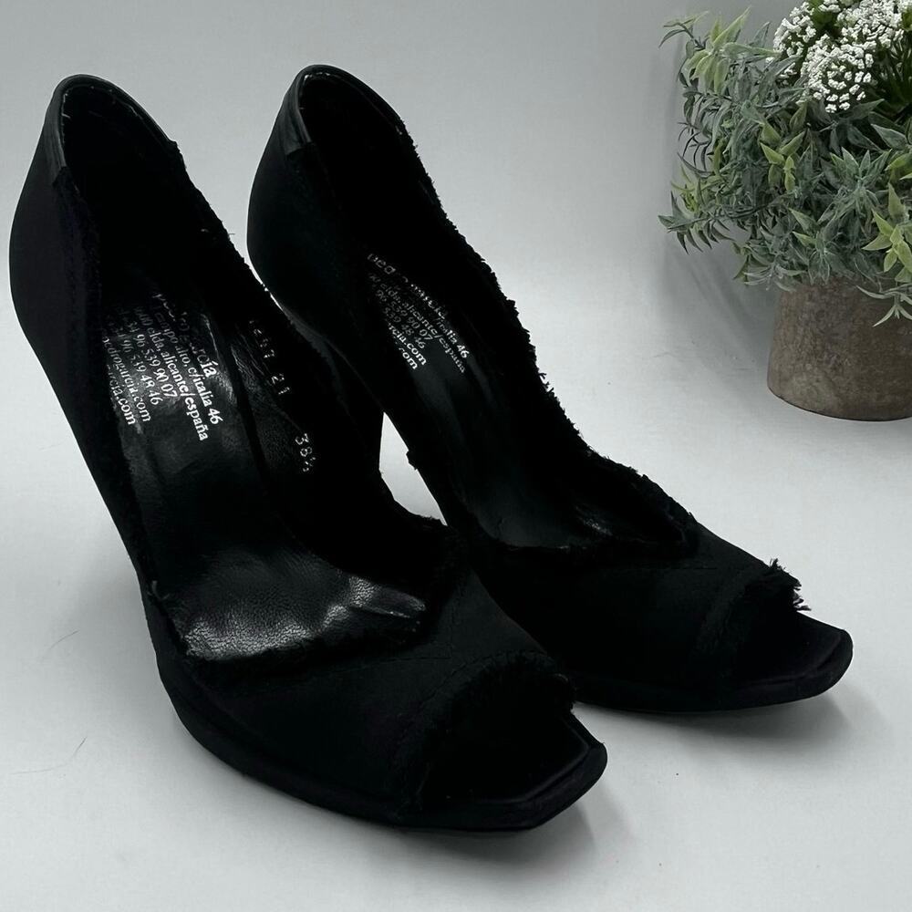 PEDRO‎ GARCIA Black Satin Silk
Distressed Peep Toe Pumps Heels 
Heels